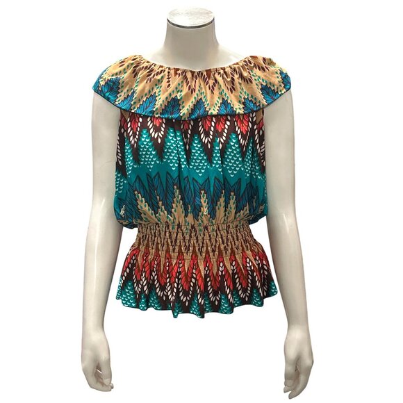 ACE Fashion Boho Peasant Blouse Festival Top Colorful Smocked Waist Ruffle Hem - Picture 11 of 11